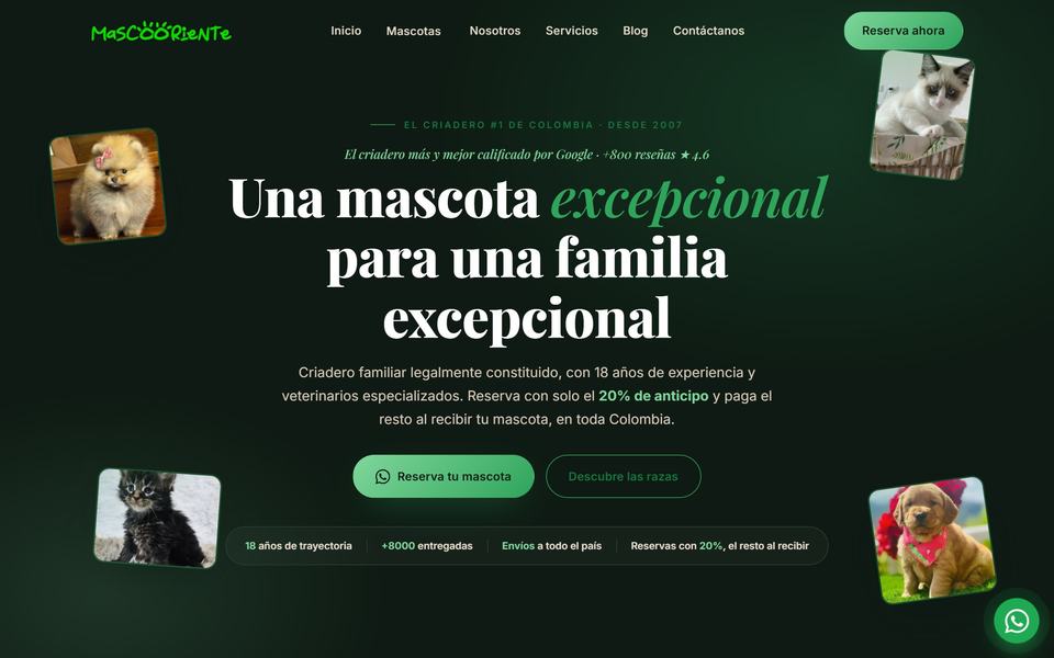 Sitio web de Mascooriente, criadero de mascotas